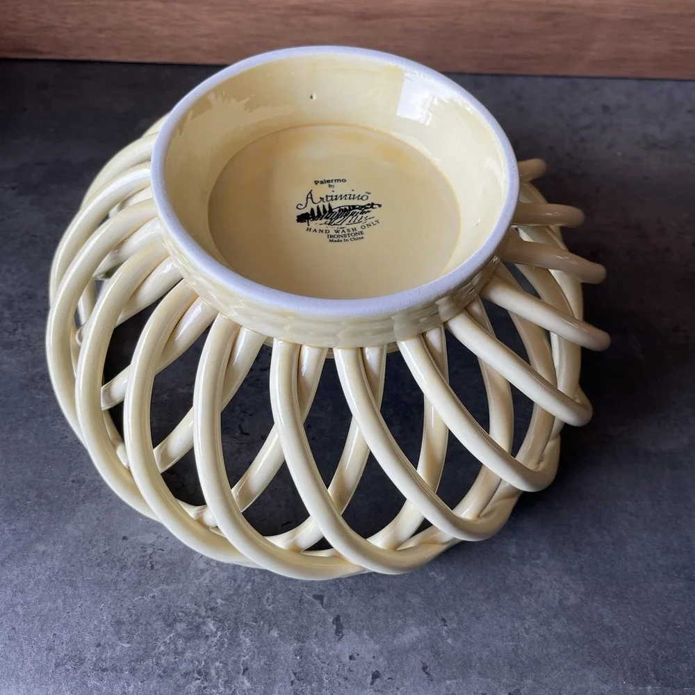 VTG Palermo Artimino Woven Ceramic Bread Basket Fruit Bowl Ironstone Yellow MCM